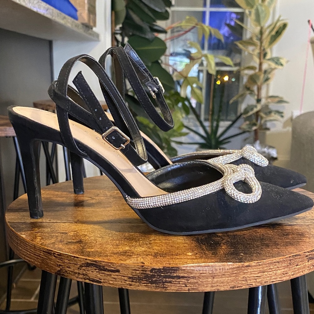 Black Stiletto Heels with Crystal Bow Accents